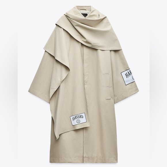 HARVARD UNIVERSITY CAPE TRENCH COAT Khaki Green By Zara NWT - Picture 1 of 11